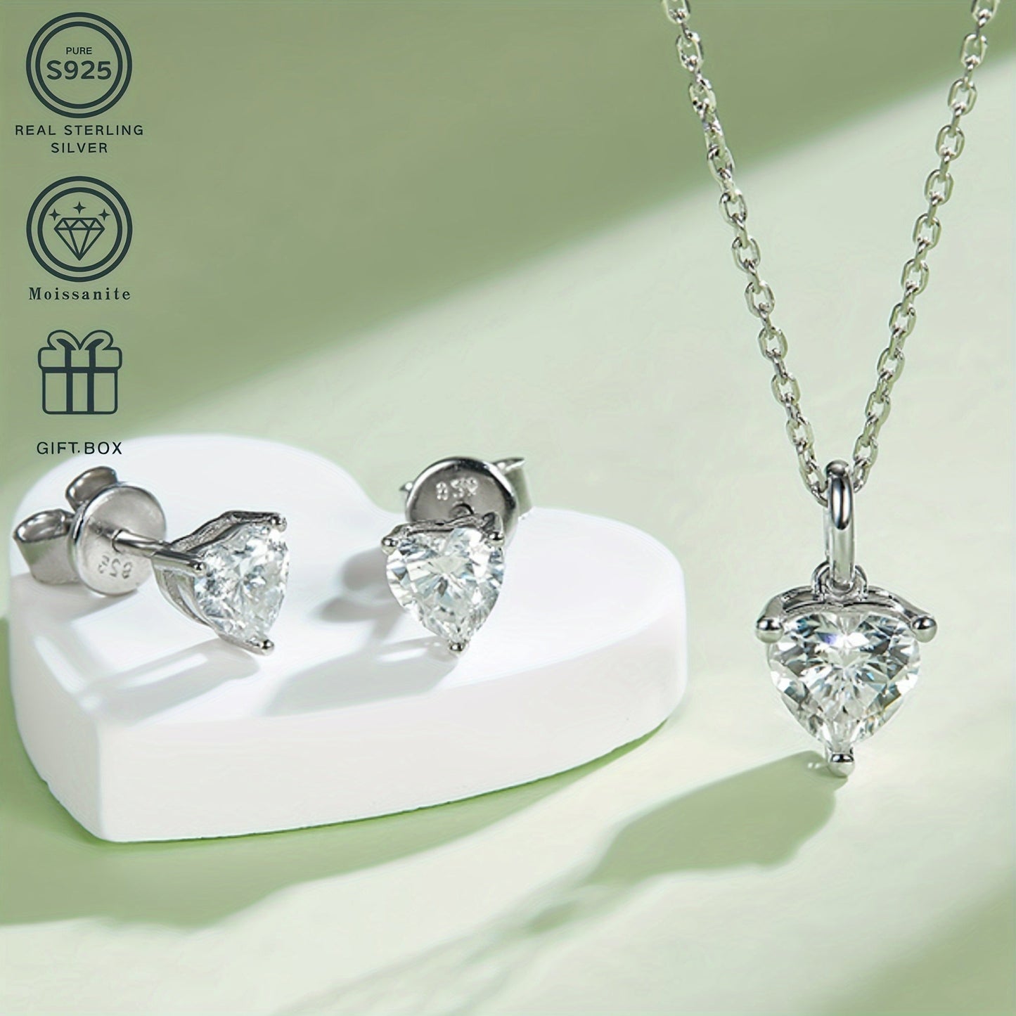 Timeless Retro Charm 925 Silver Plated 3-Piece Jewelry Set - Heart-Shaped Moissanite Necklace & Earrings, Combined Weight 2.02g, Non-Allergenic, Perfect for Wedding, Festivals, Halloween, Graduation - Comes with Elegant Gift Box