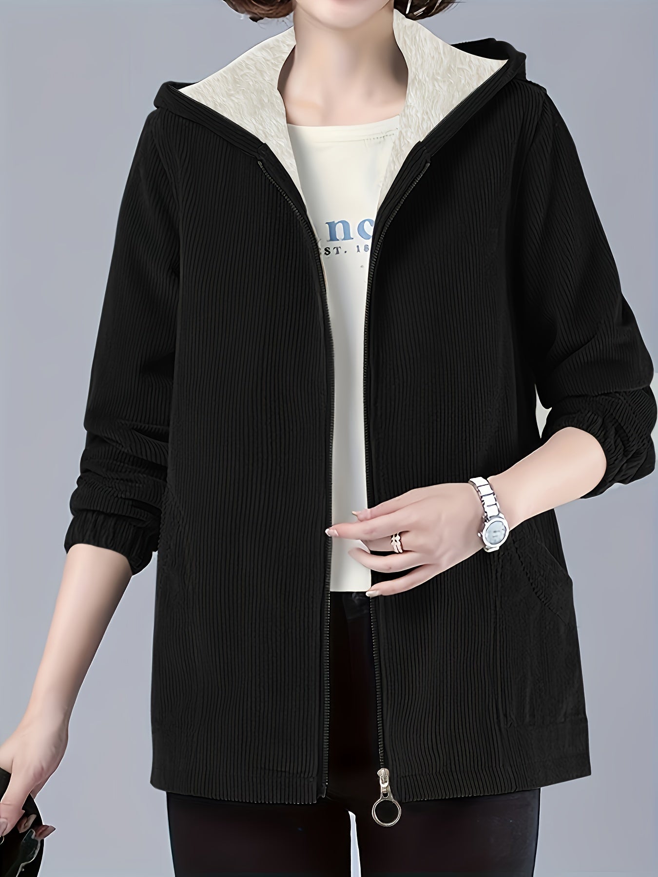 Solid hooded jacket for plus size women, perfect for fall & winter.