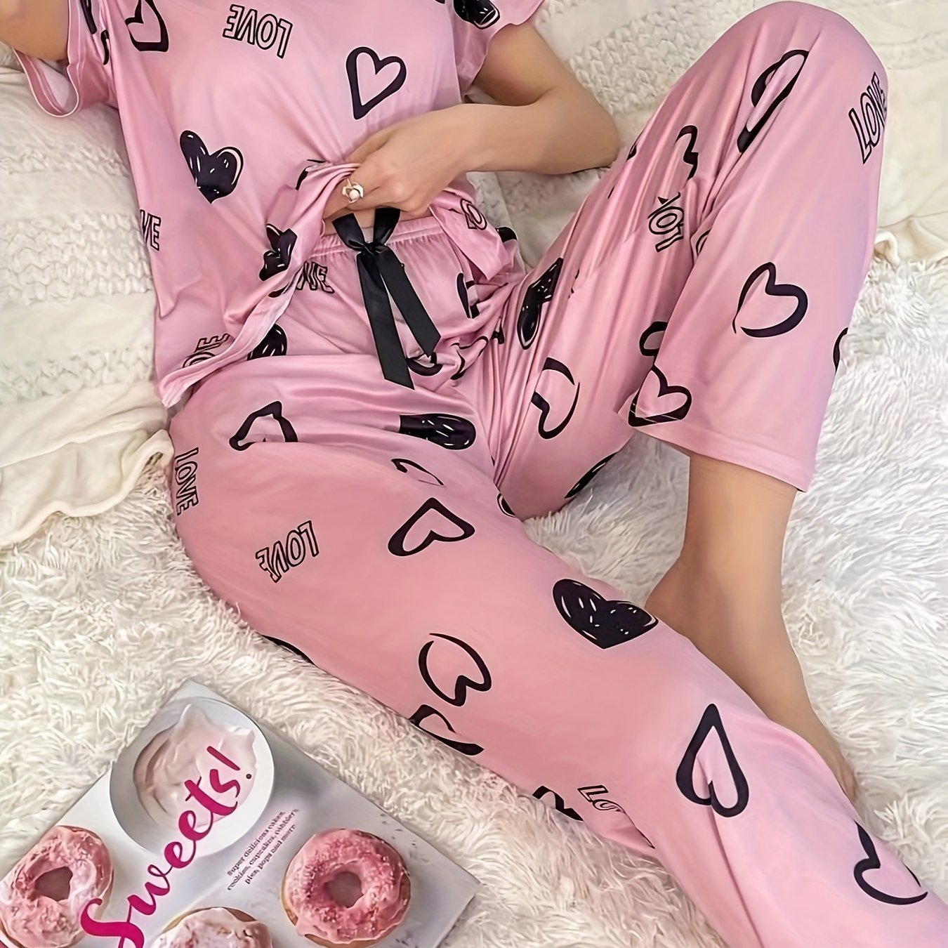 Valentine's Day Pajama Set: Heart & Letter Print, Short Sleeve Top & Elastic Pants, Women's Sleepwear & Loungewear.