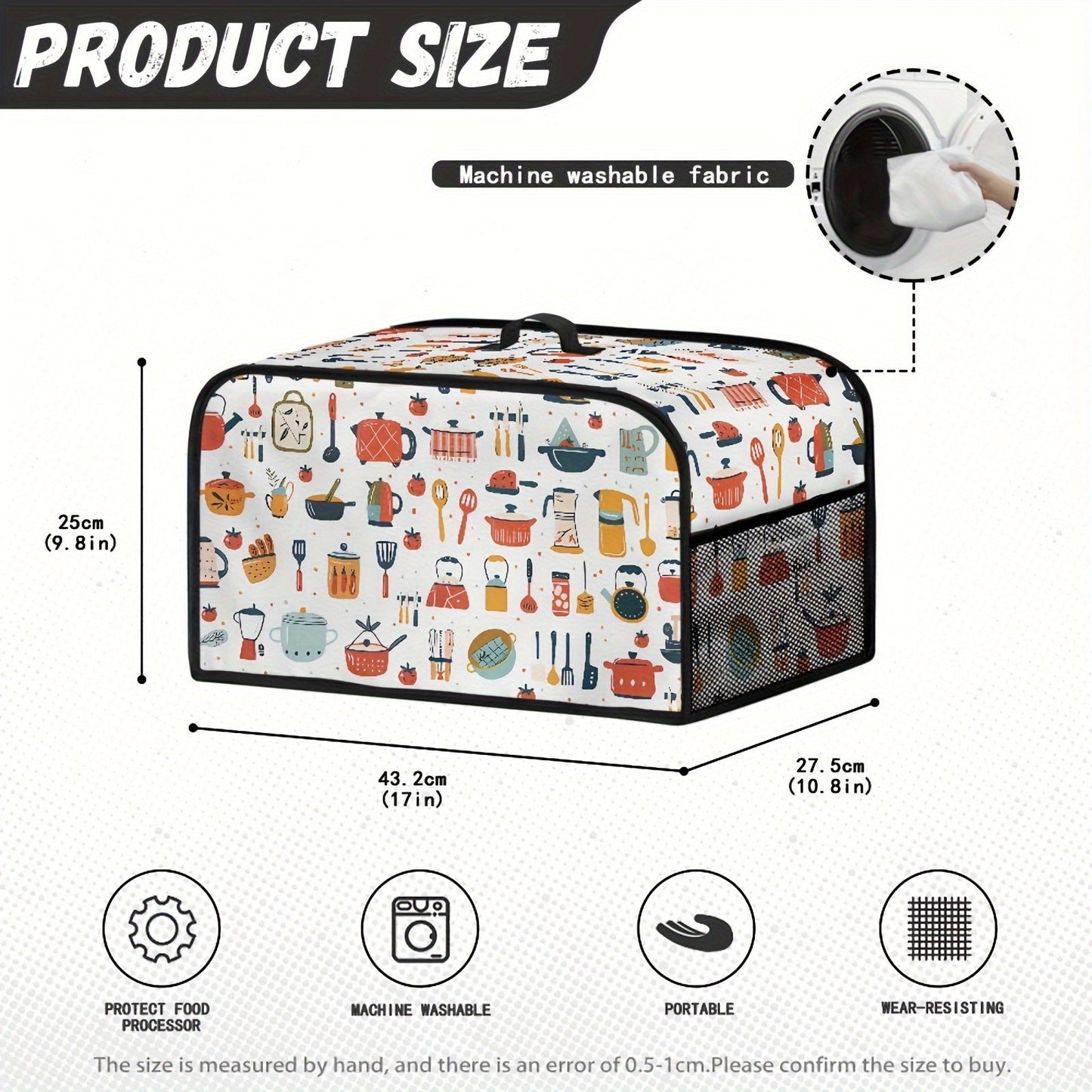 Protect your 6-8 Quart Crockpot with a Cartoon Kitchen Utensil Dust Cover. This lightweight cover is stain-resistant and features a convenient top handle and storage pockets to keep your kitchen tidy. Keep your slow cooker clean and protected with this