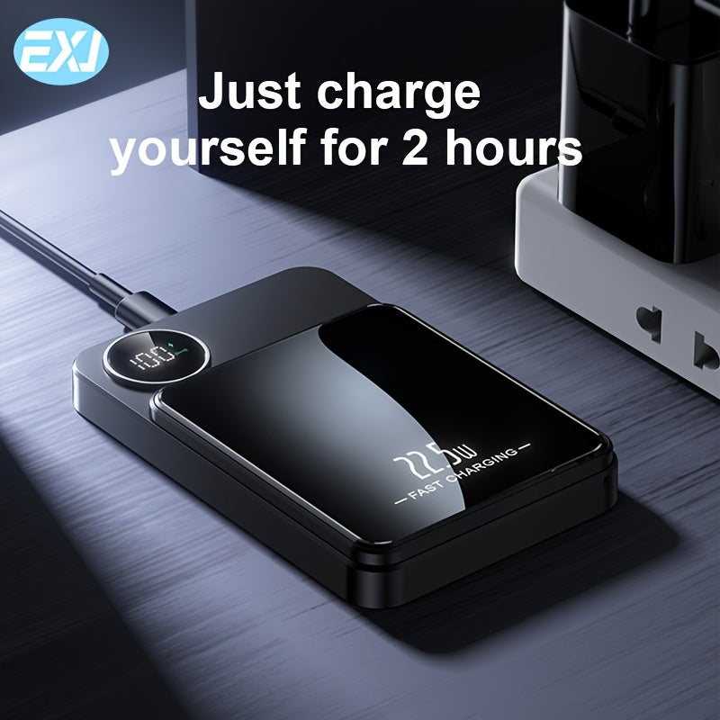 EXJ PD 22.5W Magnetic Power Bank, 10000mAh Wireless Portable Charger with USB-C Cable LED Display, Mag-Safe Battery Pack for iPhone 12 and newer, with fast charging.