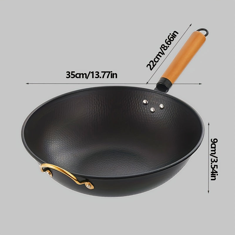 Traditional Wok Pan with Wooden Handle, 34.98cm, Non-Stick, Flat Bottom, Suitable for Induction & Gas Stove, Versatile Stir-Fry Pan