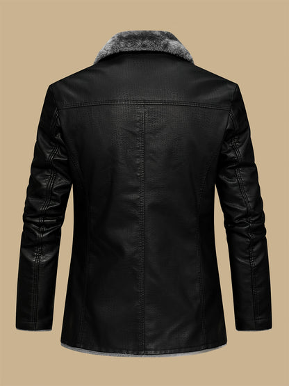 Men's warm jacket with faux fur lining, windproof for autumn/winter daily and leisure wear, made of fleece and PU leather.