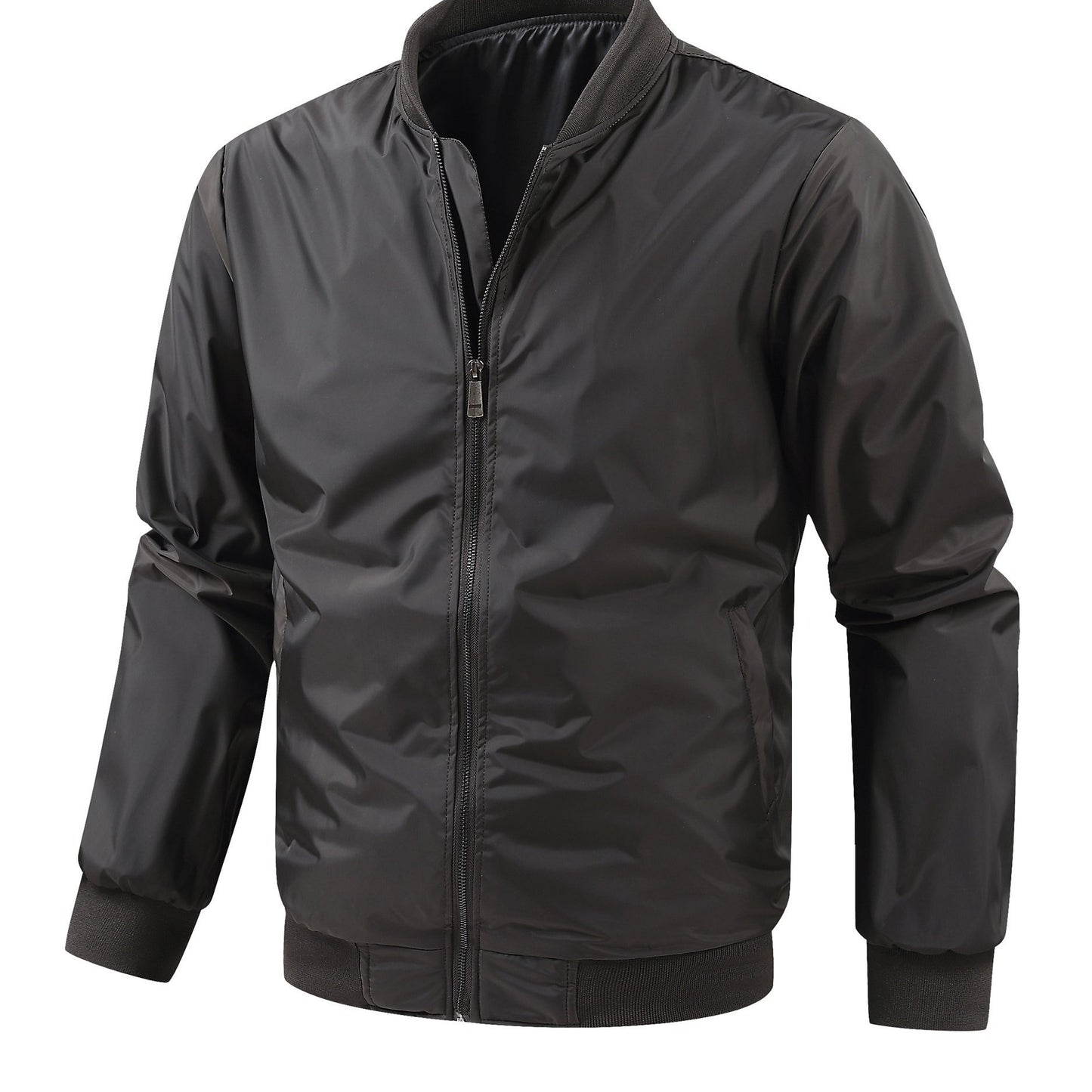 Men's Plus Size Lightweight Black Bomber Jacket with Stand Collar and Zip-Up Closure, Elastic Wrist Detail.