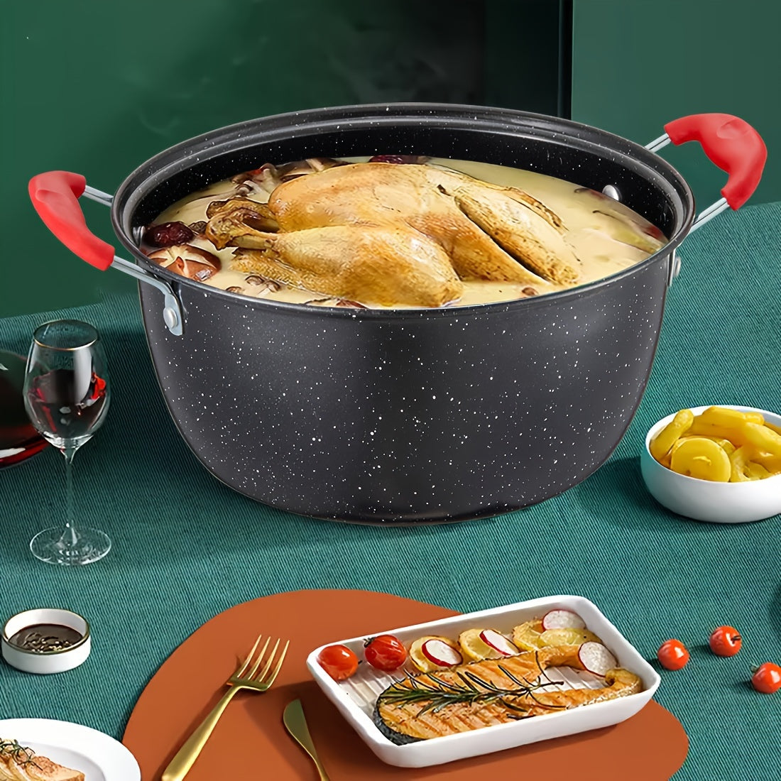 Multi-functional soup pot with a non-stick coating and matching lid, ideal for cooking stews, hot pots, and noodles. Can be used on gas and induction stoves. Features a timeless red and black design.