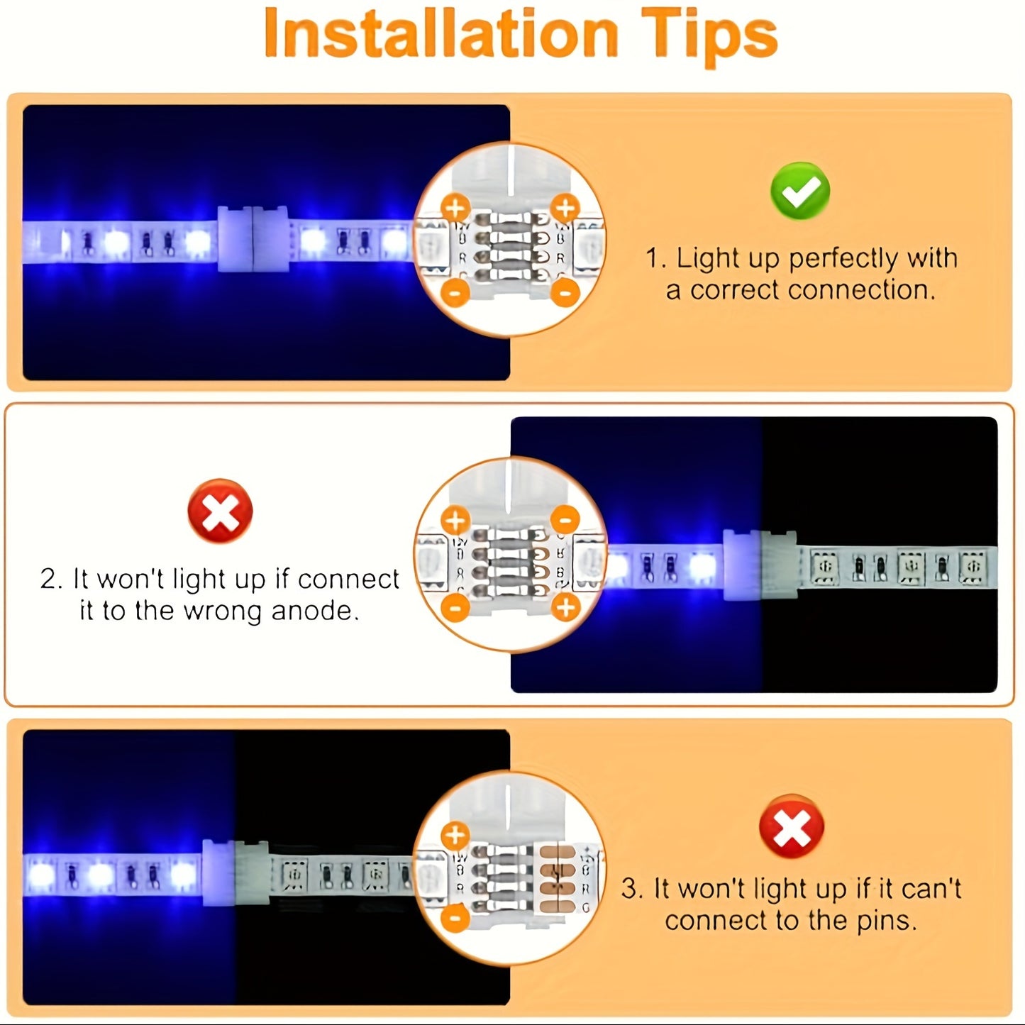 20 4-pin LED strip connectors for easy, solderless connection and disconnection of 10mm wide SMD 5050 RGB light strips. Adjustable with no power connection required. Ideal for strip lights.