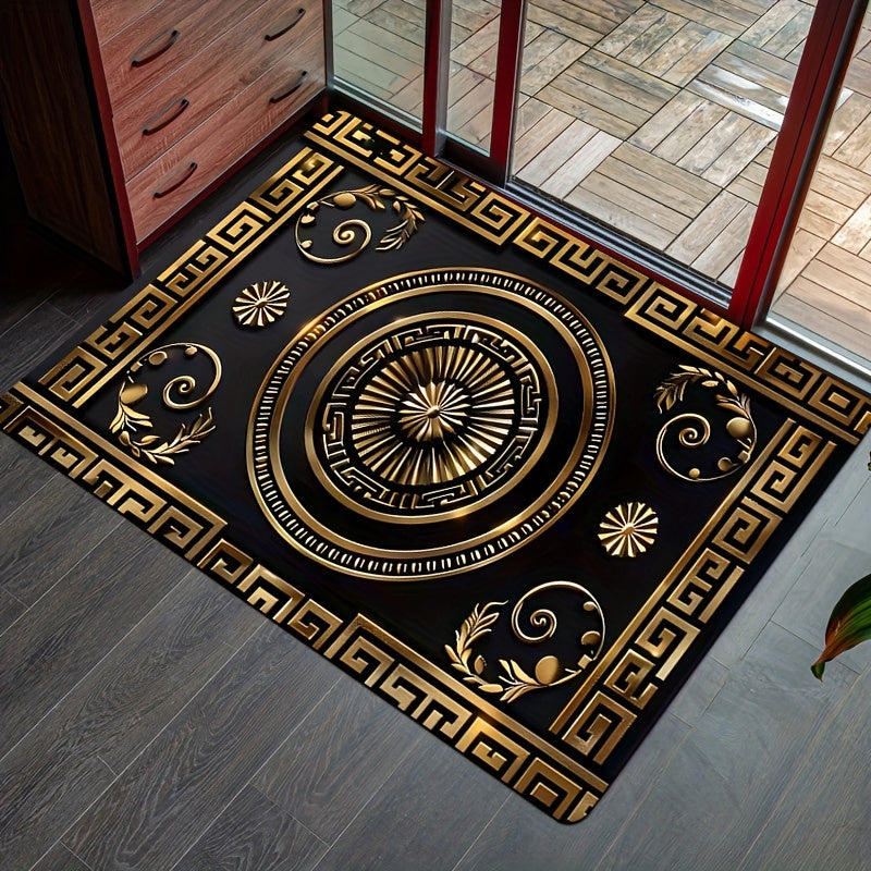 Luxurious Black and Golden Patterned Rectangle Carpet, perfect for the Kitchen, Living Room, Bedroom, or as an Indoor Door Mat. This soft and thickened carpet can be machine washed and used as a decorative piece in any indoor space.