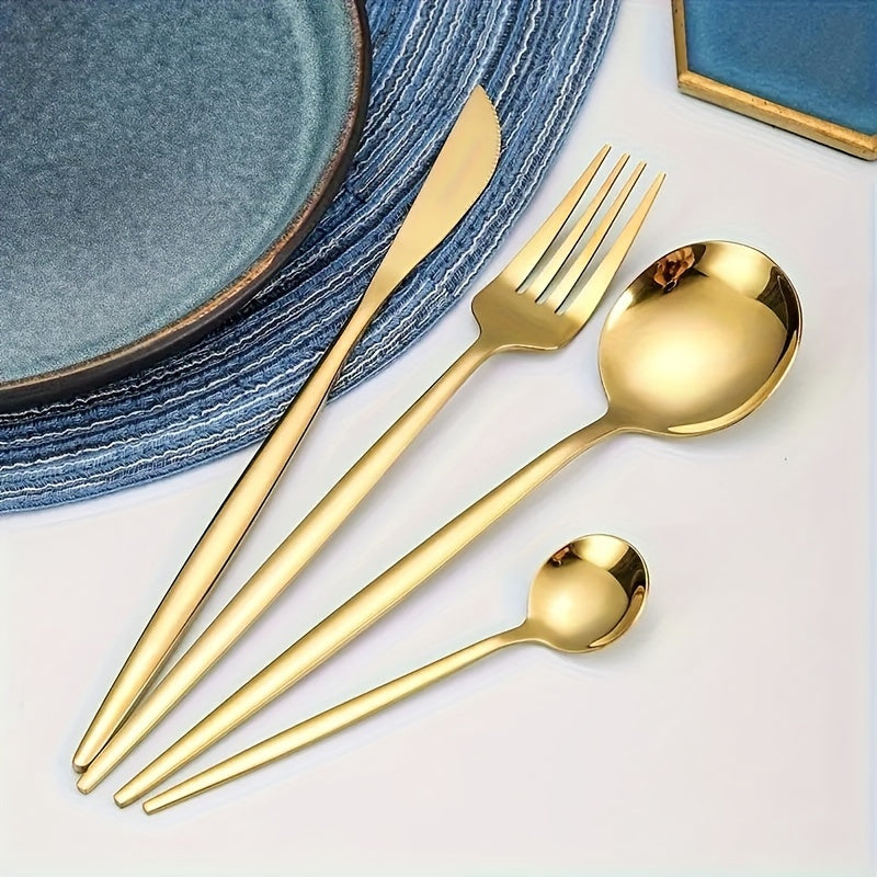 24-piece Golden Cutlery Set with steak knife, salad fork, table spoon, and dessert spoon. Mirror polished, durable, and dishwasher safe. Efficient and economical.