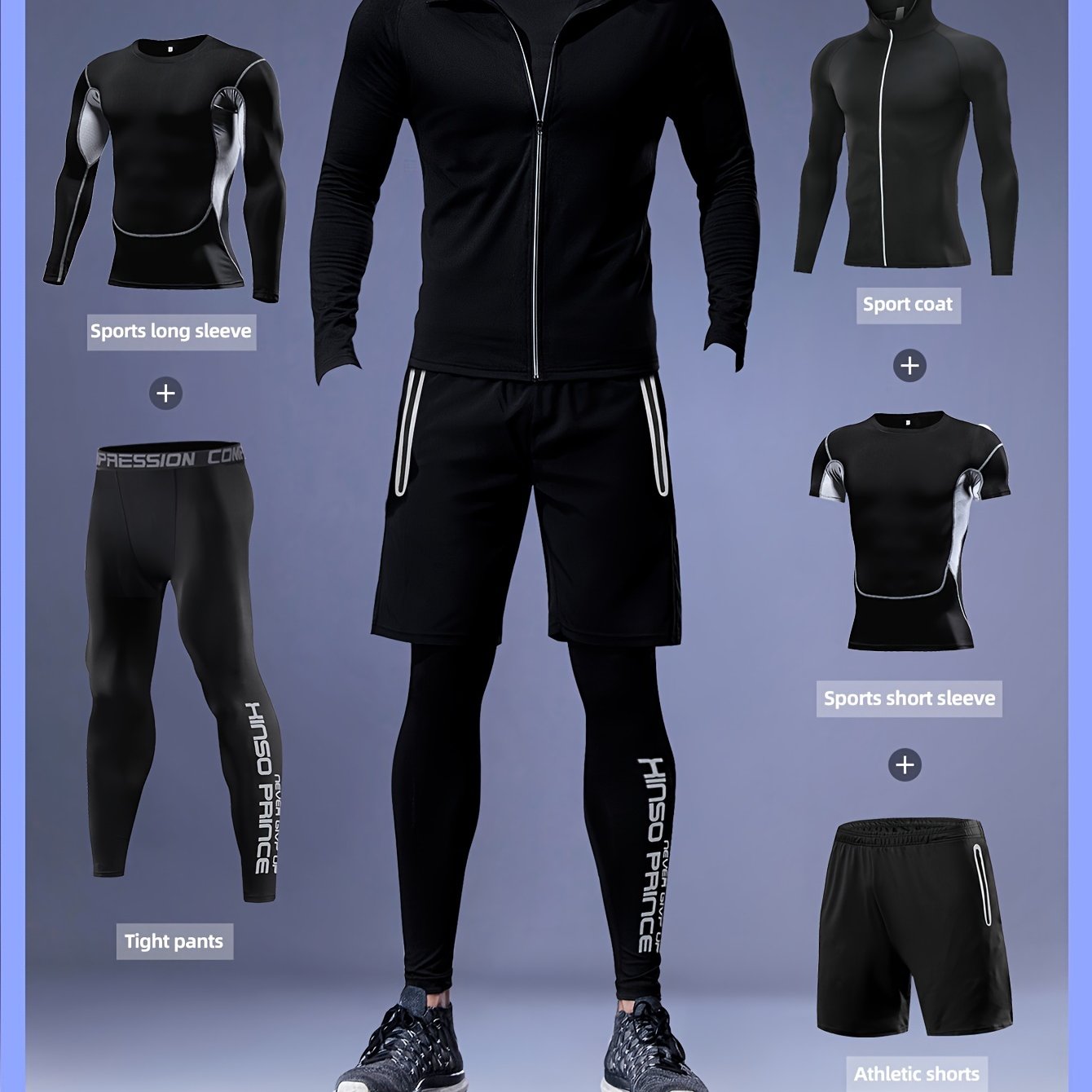 5-piece set for outdoor activities: Color block compression shirts, hooded jacket, leggings, and shorts.