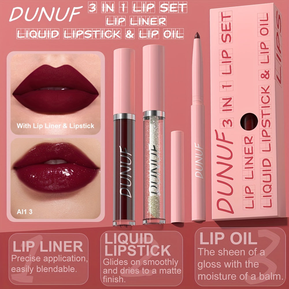 DUNUF 3-in-1 Lip Set includes velvet matte lip gloss, lip liner pencil, and lip oil, suitable for all skin types and waterproof.