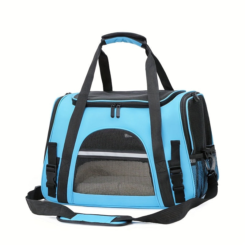 Portable pet bag with four-sided breathable design, includes fur mat, can be used on suitcase or as single shoulder pet bag. Collapsible and transparent, suitable for both cats and dogs.