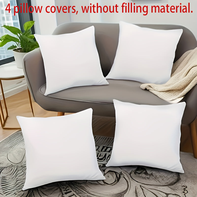 4 white short plush pillow covers with contemporary style, zippered closure, and machine washable polyester material. Suitable for home decor, bedroom, sofa, and car. Inserts not included.