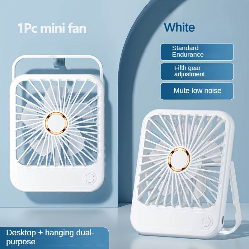 Compact USB rechargeable table fan with 3 speed modes and button control. Made of plastic, suitable for indoor and outdoor use. Rated at 5W, includes cord and built-in lithium battery for convenient office, bedroom, and camping use.