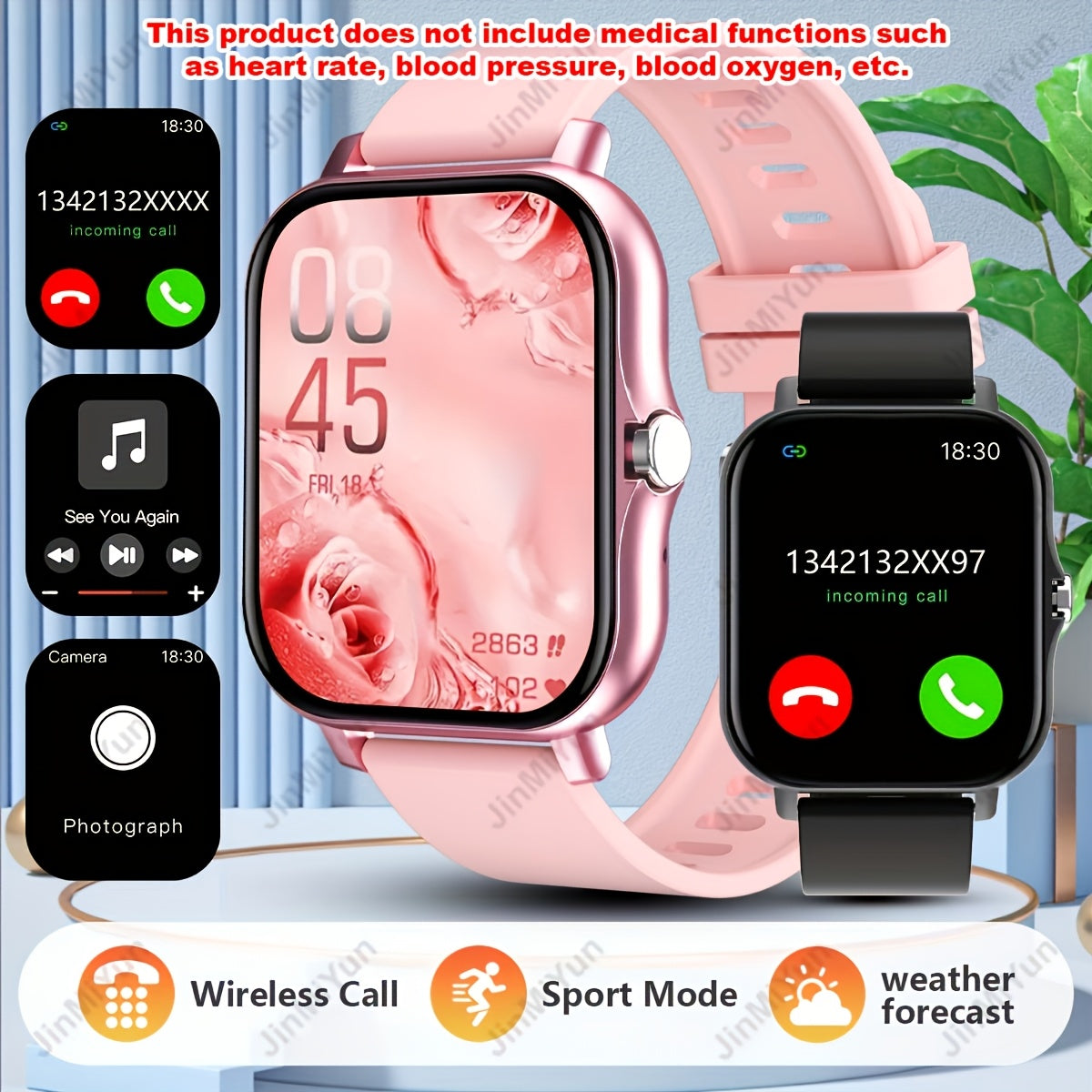 4.65cm Full-Screen Touch Sports Smartwatch in Pink & Black, features Wireless 5.0, Calls/Texts, Customizable Faces, Multi-Sport Modes, Monitor, Music Control. Compatible with Android &