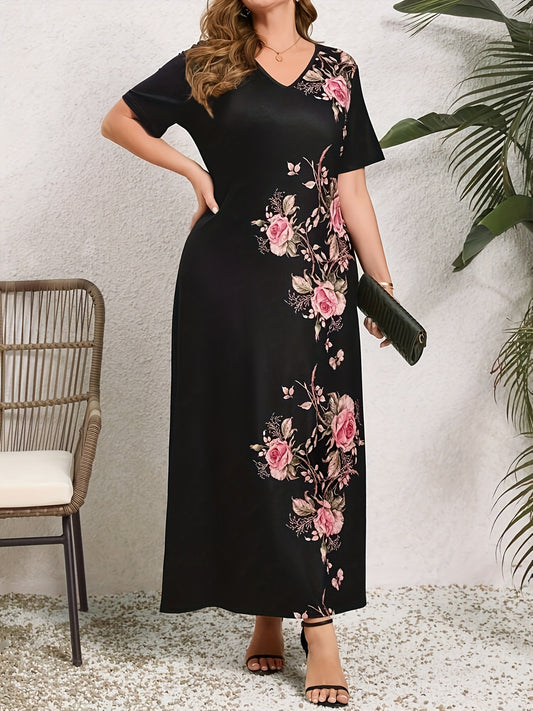 Floral print slim dress for plus-size women, perfect for spring and summer vacations.