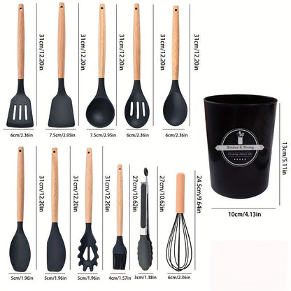 [Highly Rated] This 12-piece kitchen utensil set features silicone and wooden handle cookware that is perfect for all your cooking needs. These heat-resistant utensils are gentle on pots and pans and come with a convenient storage bucket for added