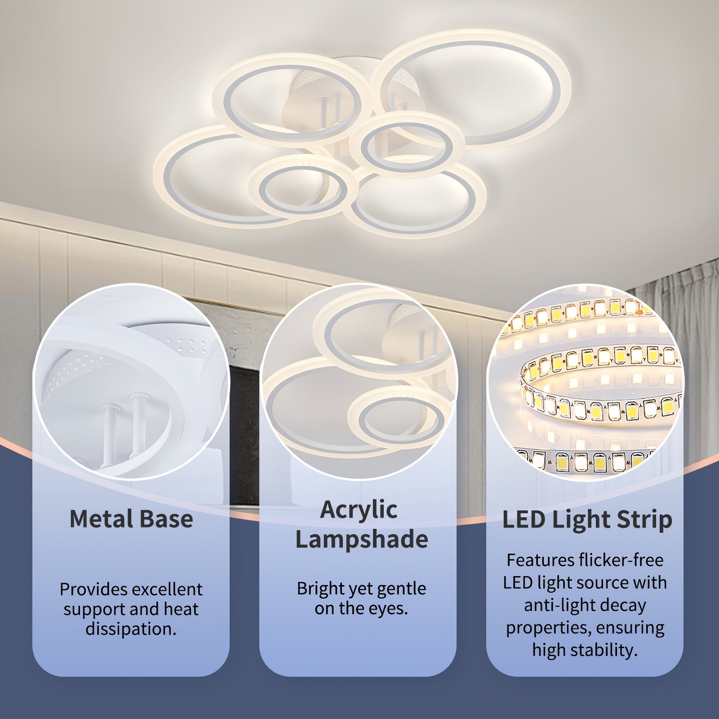 Flush mount 6-head LED ceiling light with remote control, ideal for low ceilings in living rooms, bedrooms, and kitchens.