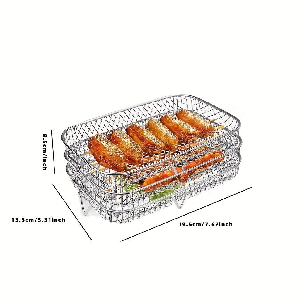 Rectangular 304 Stainless Steel Air Fryer Grill with Vegetable and Fruit Dehydrator Rack, Grilling Net, and 3 Stackable Fryer Accessories. 
Perfect for Grilling, Baking, and Cooking in the Oven. Ideal for Kitchen Baking and Dehydrating.