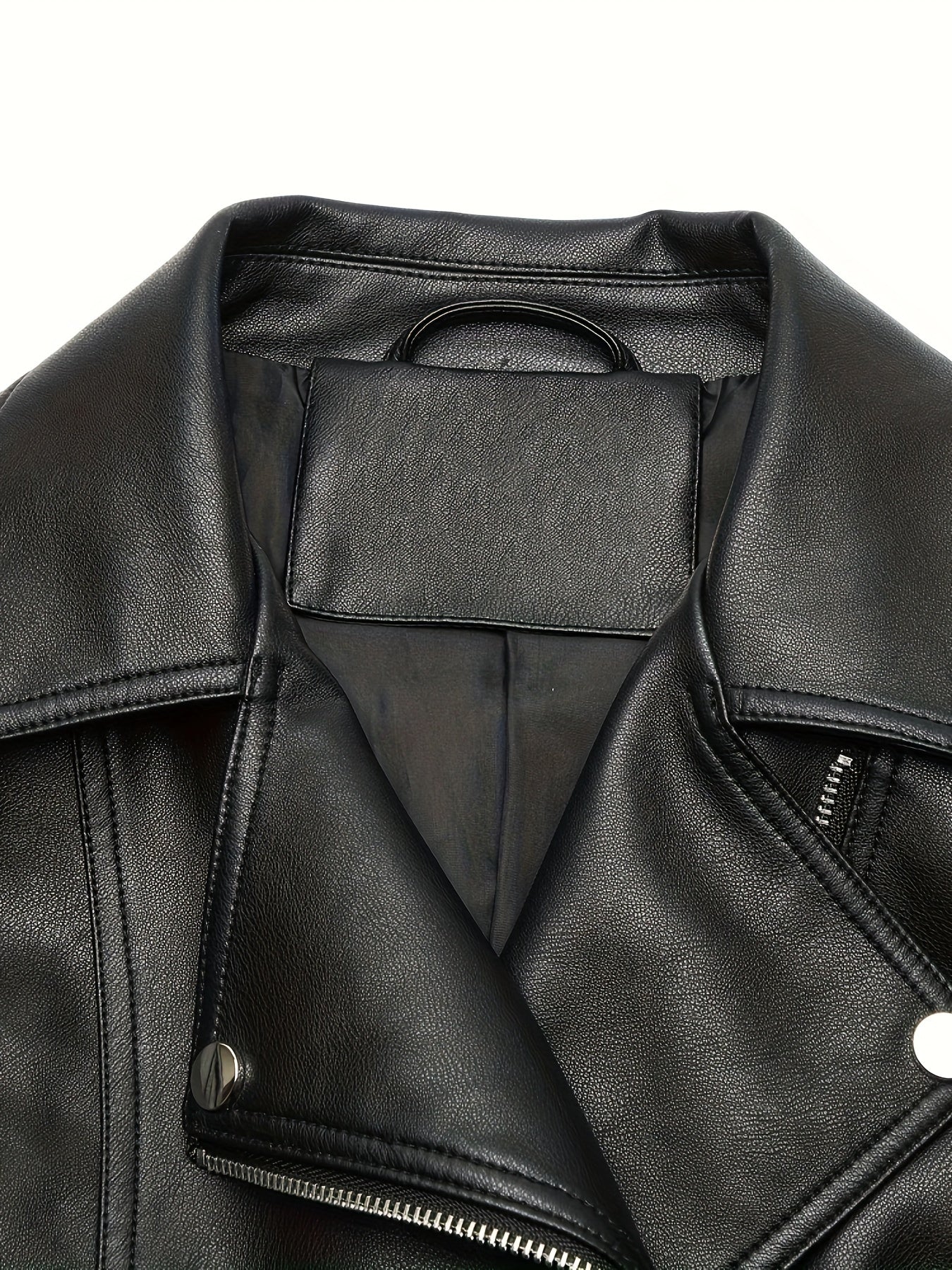 Plus-size black PU leather moto jacket with long sleeves, zip-up front, and buttoned cuffs for versatile fall/winter style.