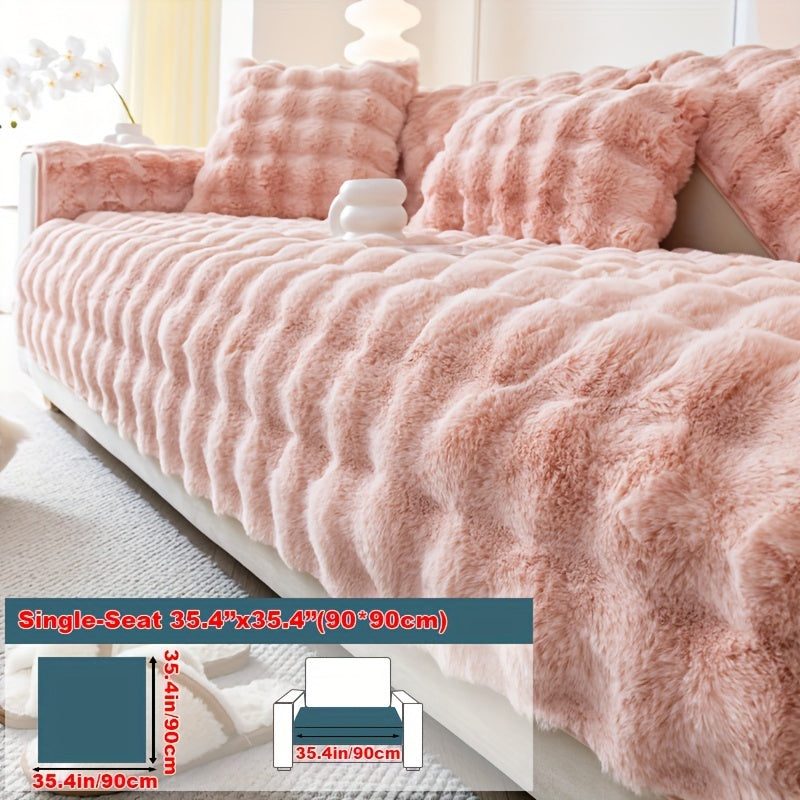 Faux rabbit fur sofa cover for cozy winter warmth. Pet-friendly, machine washable. Fits single to four-seater sofas. Perfect for living room, bedroom, office decor.