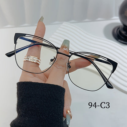 Women's fashion cat eye blue light blocking glasses with metal frame, oval shape, chic design, non-prescription, includes shell case, universal fit.