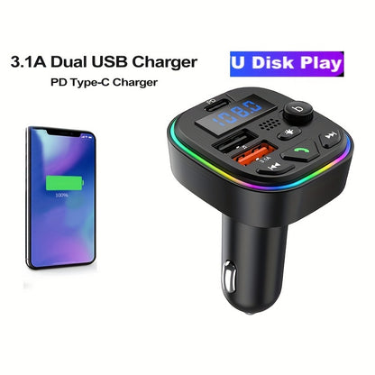 Car charger with FM transmitter and PD 30W, Type C & dual USB ports for fast charging, wireless MP3 player, hands-free calls, AUX, high fidelity audio, and car plug operating voltage ≤36V.