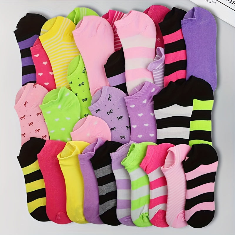 20 pairs of comfortable, soft low-cut women's socks with heart, bow, and stripe print in rainbow colors for all seasons.