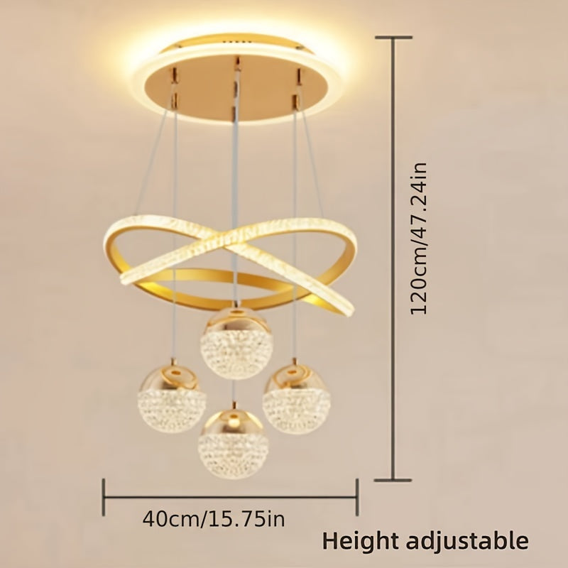 Contemporary LED chandelier with crystal embellishments and metal construction - perfect for dining rooms, living rooms, clothing stores, bars, and staircases. Includes installation hardware and features a simple, modern design. Ideal for apartments.