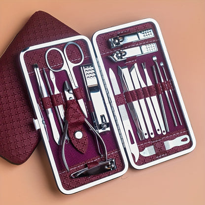 Manicure and pedicure set with nail clippers, files, ear spoon, and portable case for nail care at home or on-the-go.