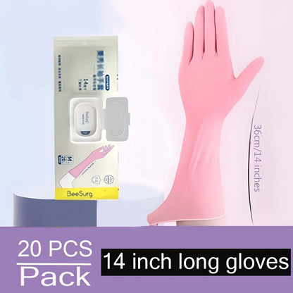 A package of 20 nitrile cleaning gloves with 14-inch long sleeves, waterproof, extra thick, highly elastic, ambidextrous, powder-free. Ideal for use in the kitchen, bathroom, outdoor, pet supplies, offering antibacterial protection for spot-cleaning.