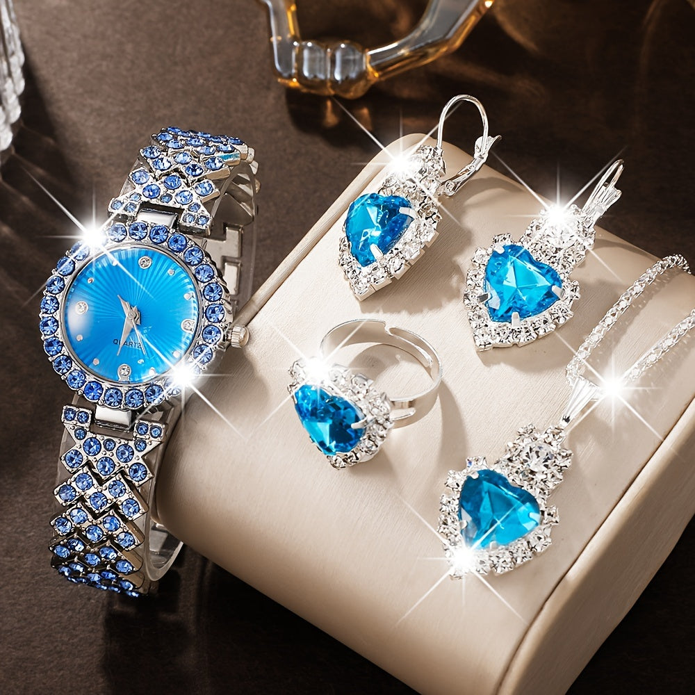 5 elegant women's quartz watch and heart-shaped gemstone jewelry set in glamorous blue crystal wristwatch with zinc alloy band, paired with sparkling necklace, earrings, and ring. Ideal for