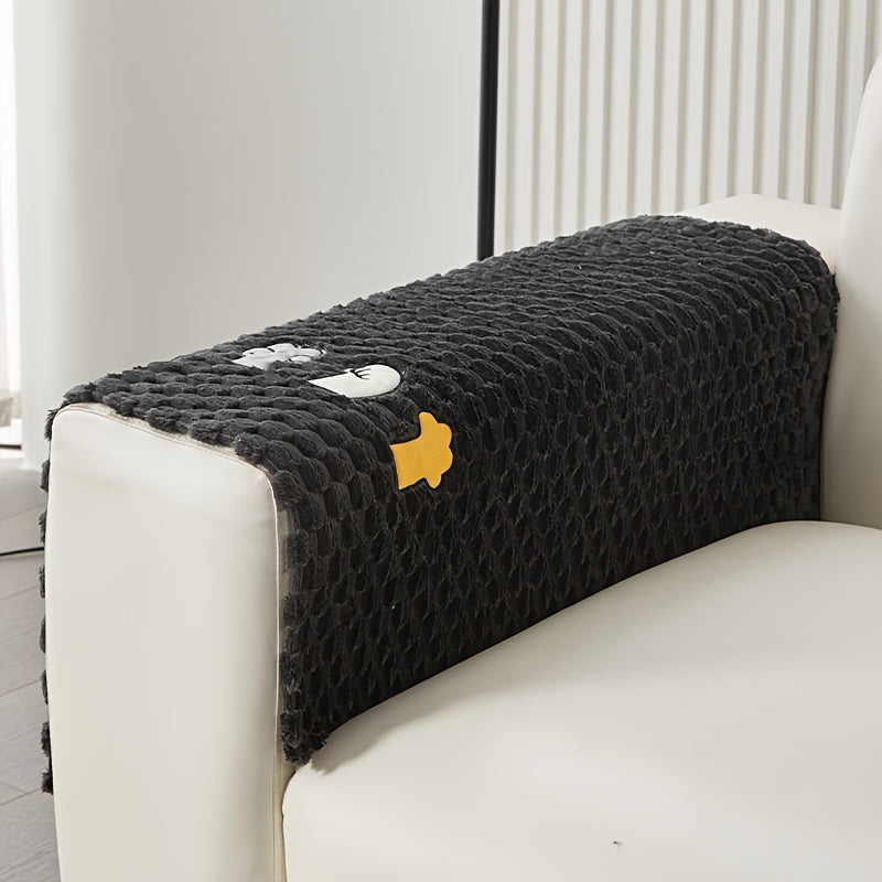 Modern honeycomb fleece sofa cover with embroidered design, pet-friendly protection for furniture, plush slipcover for various sofas. One-piece design with anti-slip backing for home and office decor.