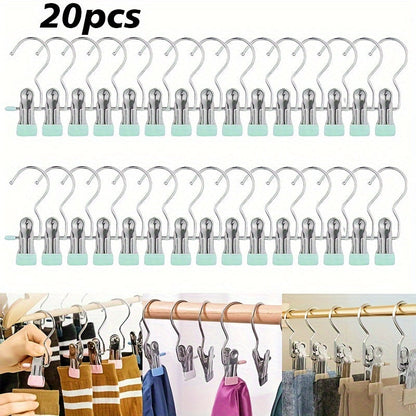 Set of 20 Stainless Steel Multi-Use Clips with Hooks - Versatile Hangers for Laundry, Pants, Hats & Skirts - Swiveling Storage Organizer