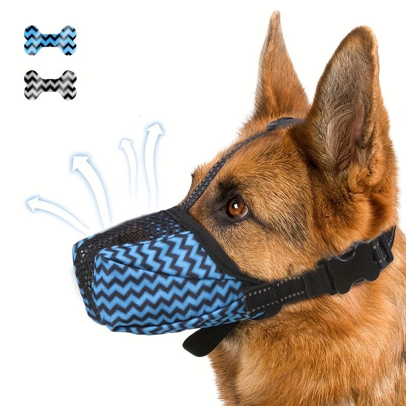 Adjustable Reflective Dog Muzzle in Blue & Black for Small, Medium, Large Dogs - Prevents unwanted behavior with secure straps.