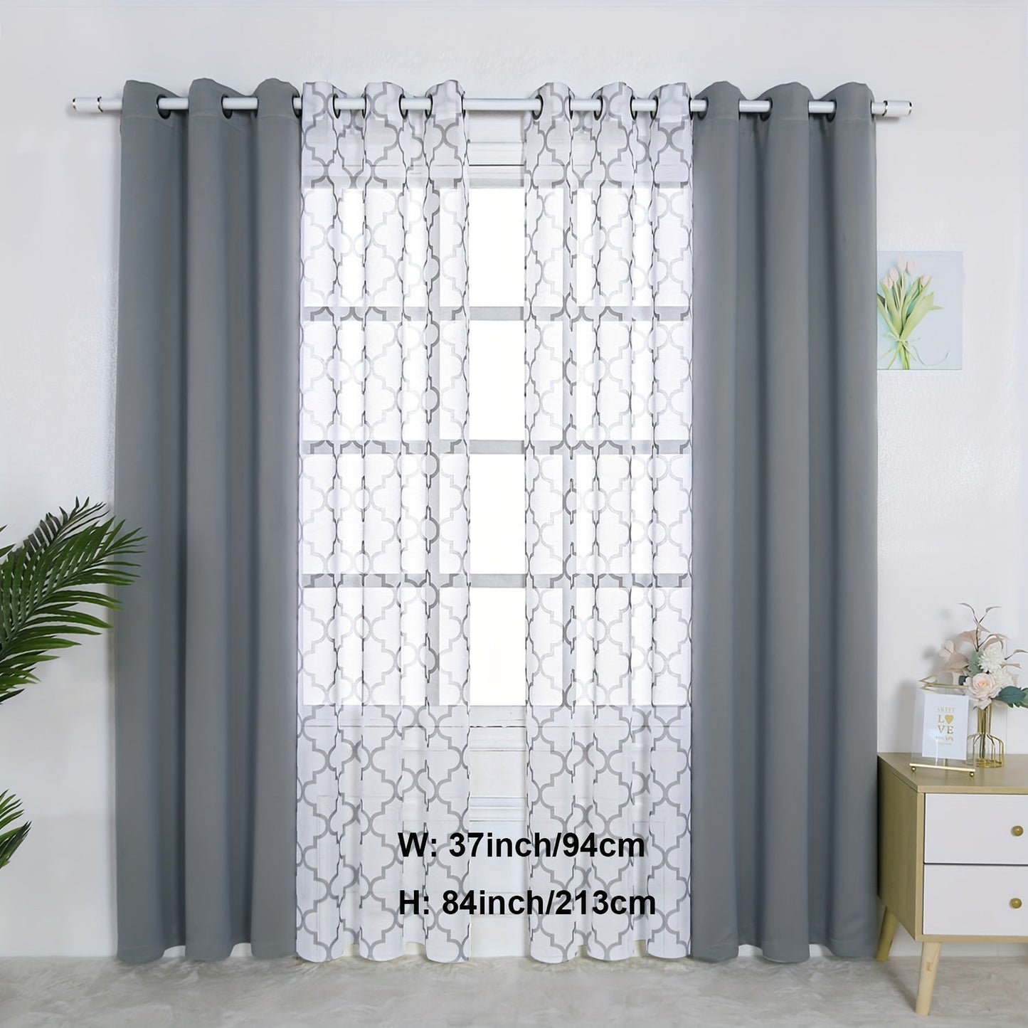 Blackout Curtains and Sheer Panels with Snowflake Pattern, Including Rods, Indoor Set of 4, Weighing 200 Grams in Total.