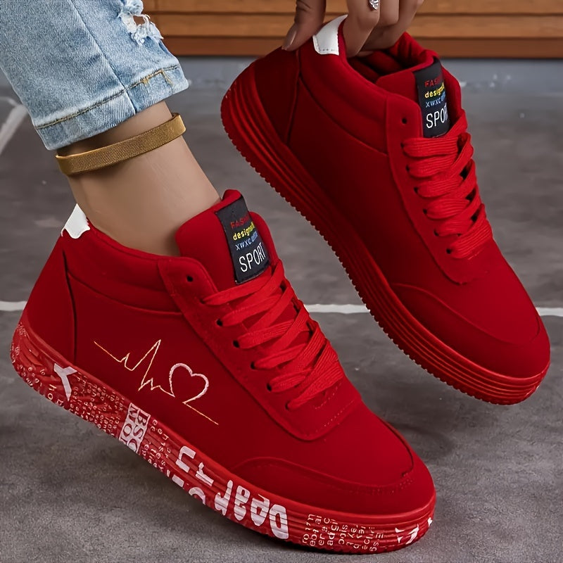 Red high-top skate sneakers for women with heartbeat design, rubber sole, fabric lining, perfect for all seasons outdoor casual wear.