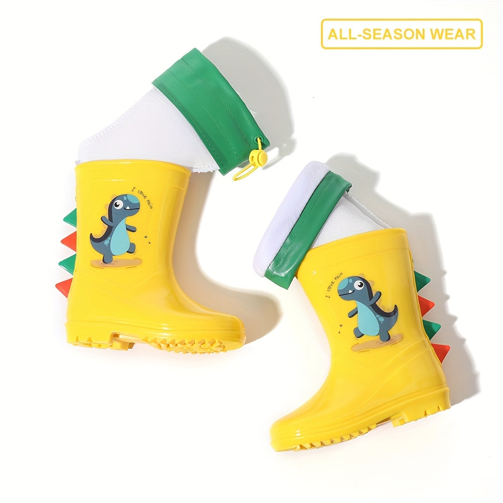 Child's dinosaur rain boots that are thermal detachable, non-slip, waterproof, comfortable, and suitable for all seasons.