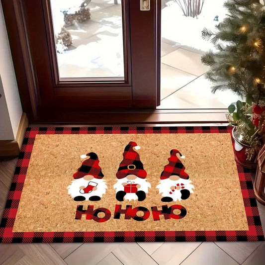 Welcome guests with the Christmas Gnome Doormat! This low-pile rug is machine washable and non-slip, perfect for use in an RV, farmhouse kitchen, bath, bedroom, or entrance. Made of durable polyester, this festive mat is a holiday decorative touch for