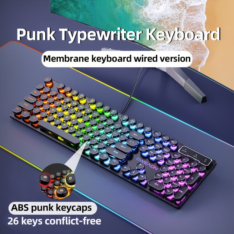 EWEADN GX330 Wired Gaming Keyboard with Retro Punk Style, RGB LED Backlit, Ergonomic Design, 104 Keys, USB Powered, Ideal for Gaming & Office Use.