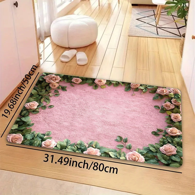 Polyester Doormat with Floral Design, Machine Washable, Non-Slip, 8mm Thick, Decorative Indoor Entrance Mat in Rectangle Shape for Kitchen, Living Room, Bedroom.