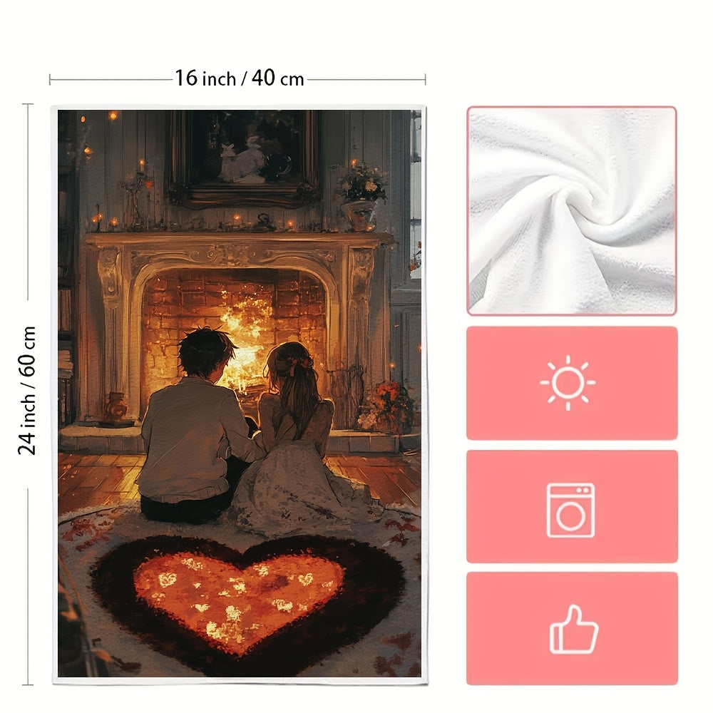 This set includes 2 ultra-soft kitchen towels featuring an anime couple sitting on a heart-shaped rug by a fireplace. These highly absorbent dish towels are ideal for holiday decoration, can be easily machine washed, and measure 40.64x60.96 cm.