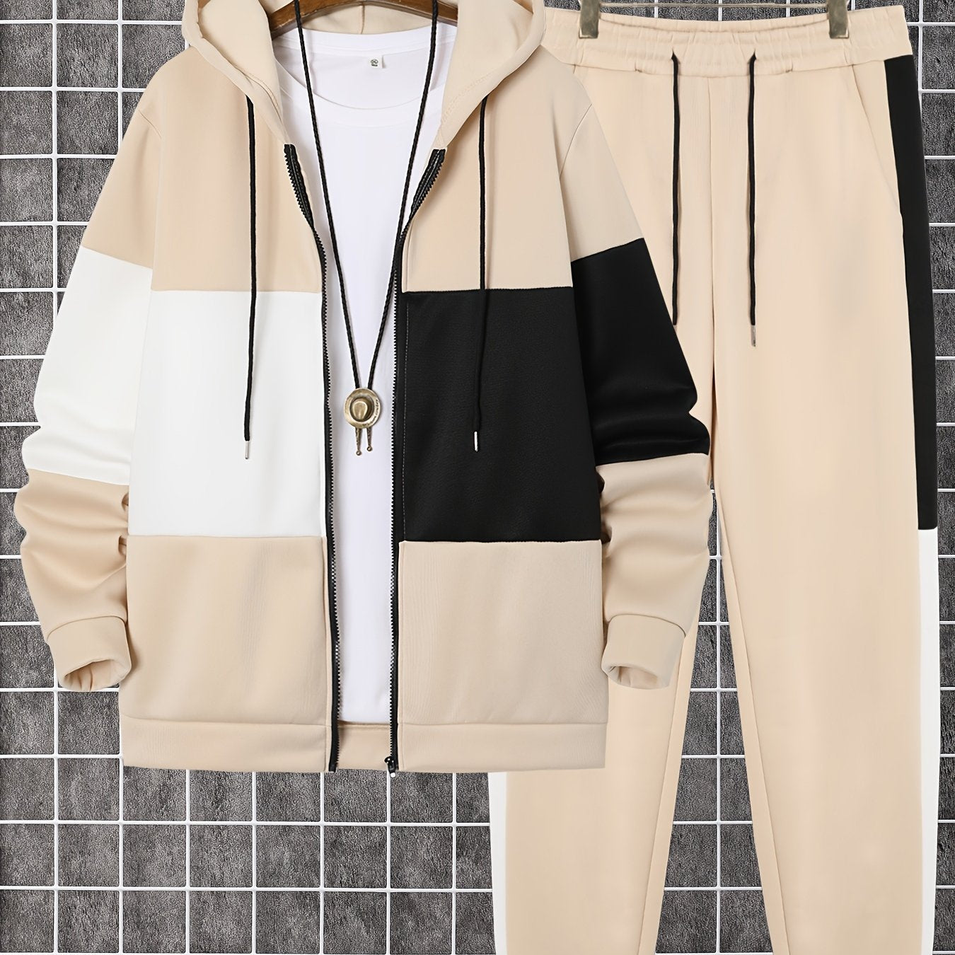 Men's Color Block Zip-Up Hoodie & Drawstring Joggers Set - Perfect for Fall/Winter Outdoor Activities, Machine Washable Casual Knit Fabric