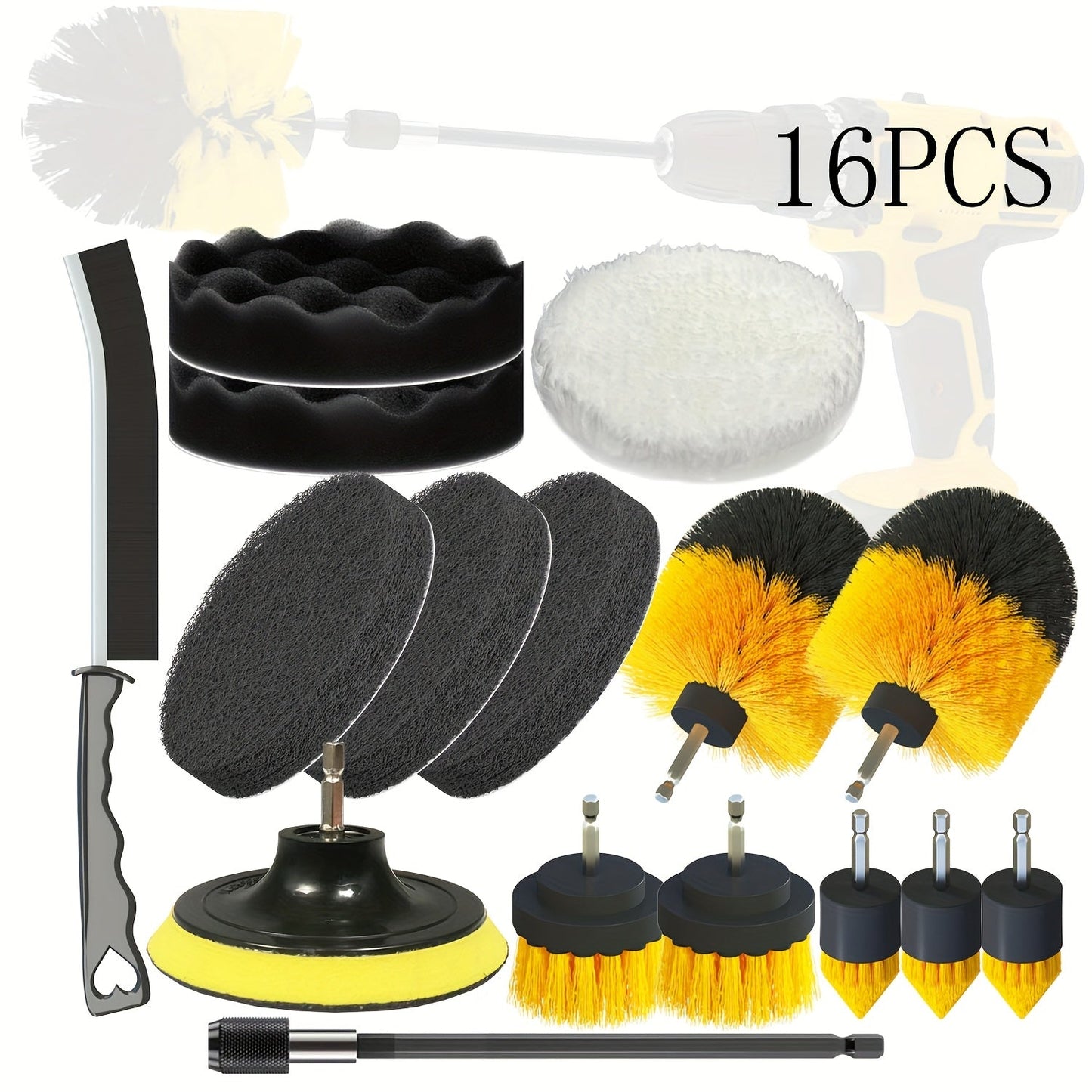 Get your hands on the 16-piece Drill Brush Accessory Set, a versatile electric cleaning kit that includes sanding pads and sponges. Perfect for tackling bathroom, kitchen, car detailing, and floor cleaning tasks without the need for electricity. Enhance