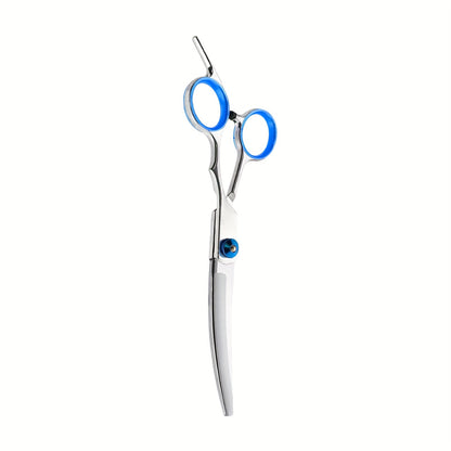 Pet grooming set includes blue trimming scissors, professional grooming scissors, curved scissors and combs, all made of stainless steel for dogs.