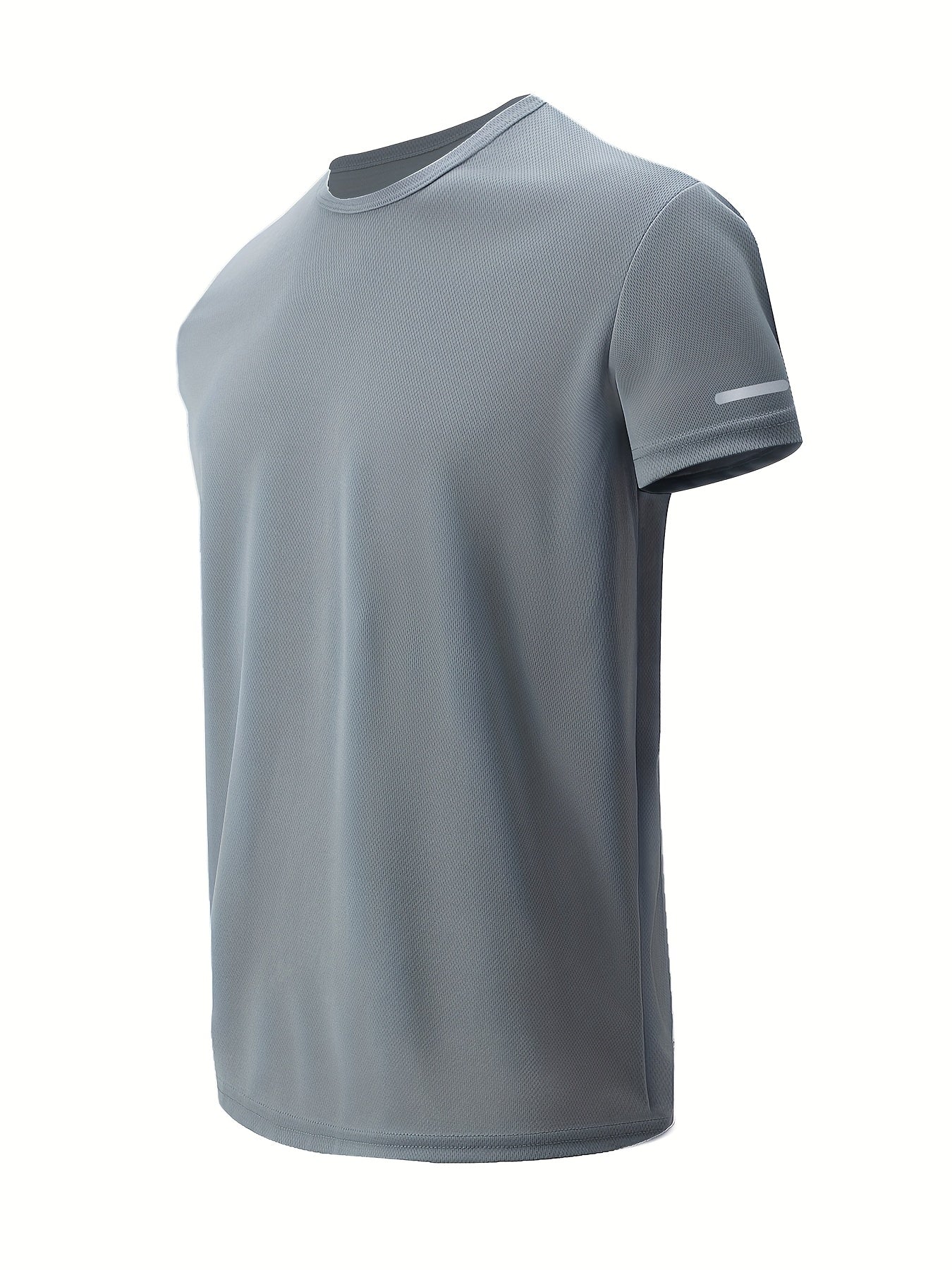 Set of 4 men's athletic t-shirts made from breathable quick-dry polyester knit fabric. Solid color crew neck tops with slight stretch for a skinny fit, ideal for running and fitness in