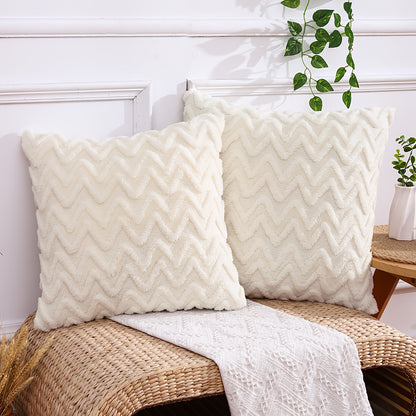 Pair of plush throw pillow covers in contemporary geometric pattern, hand wash only, 100% polyester zipper closure, beige wavy design for living room décor.