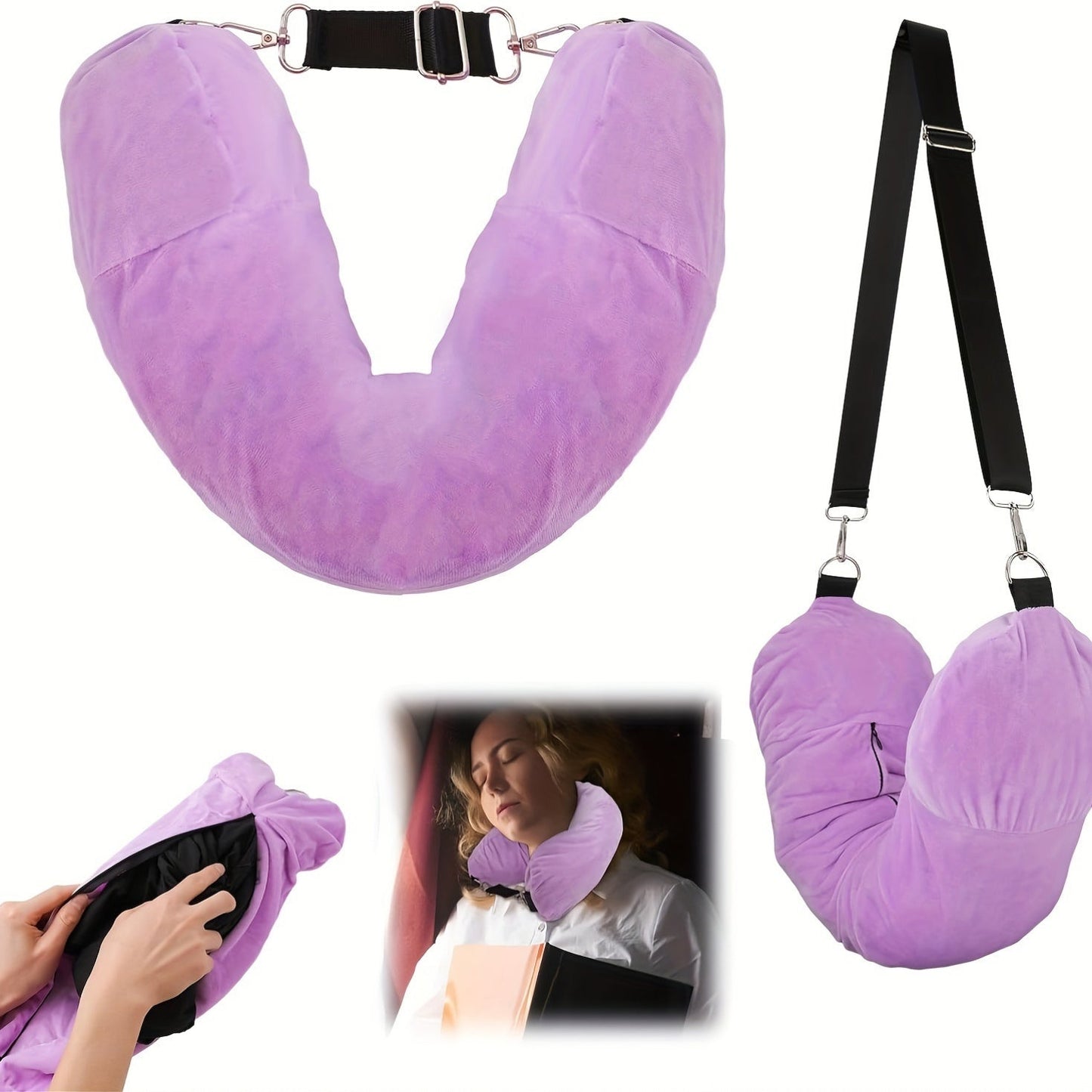 This travel neck pillow is machine washable and comes with a lightweight filling storage bag. It offers medium softness and neck support, with a woven fleece cover. It is a versatile essential for airplane travel, with a convenient clothes-stuffable