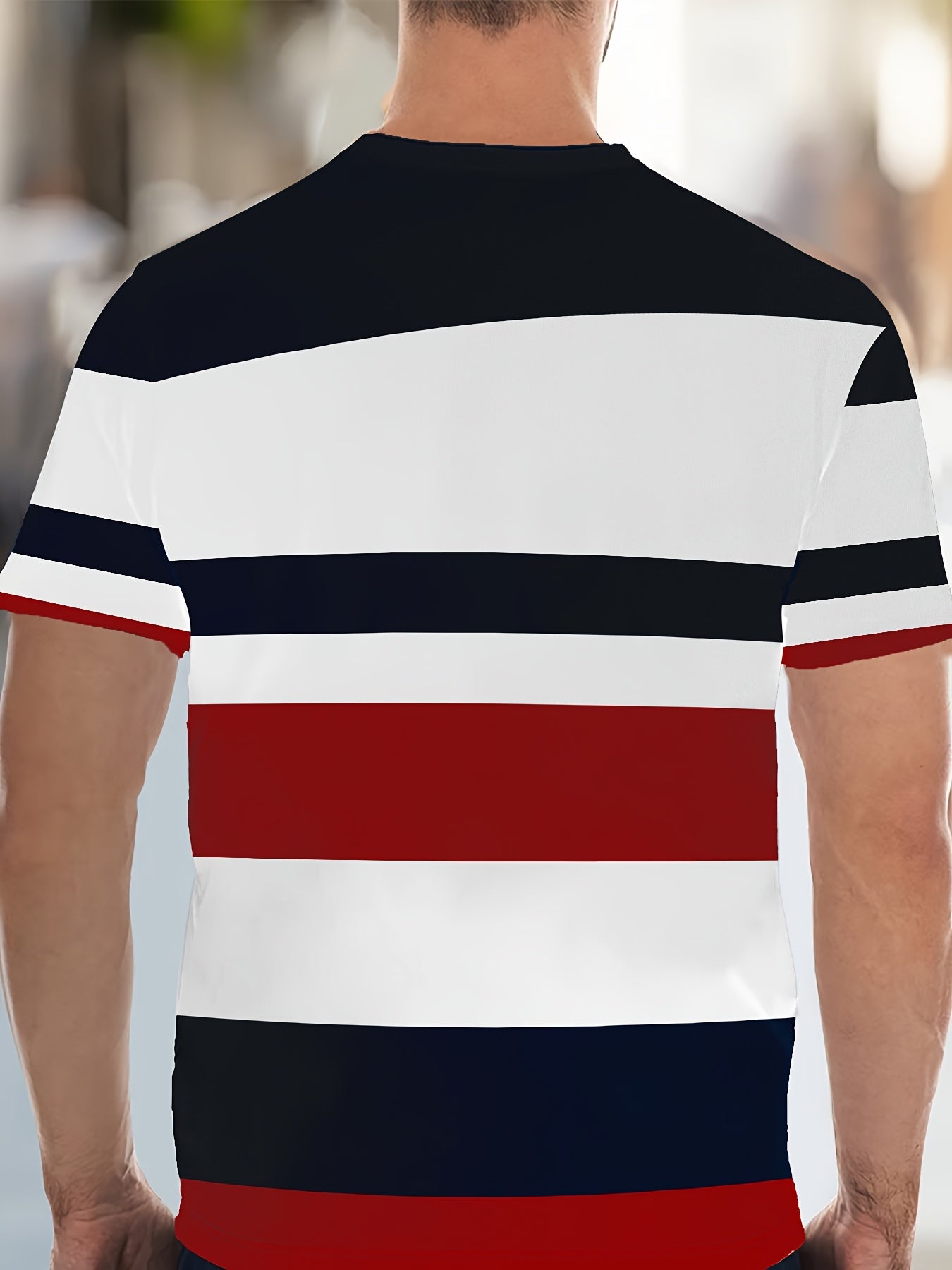 One men's casual crew neck t-shirt with 3D novelty striped design, made of 100% polyester knit fabric with slight stretch, in a regular fit with short sleeves.