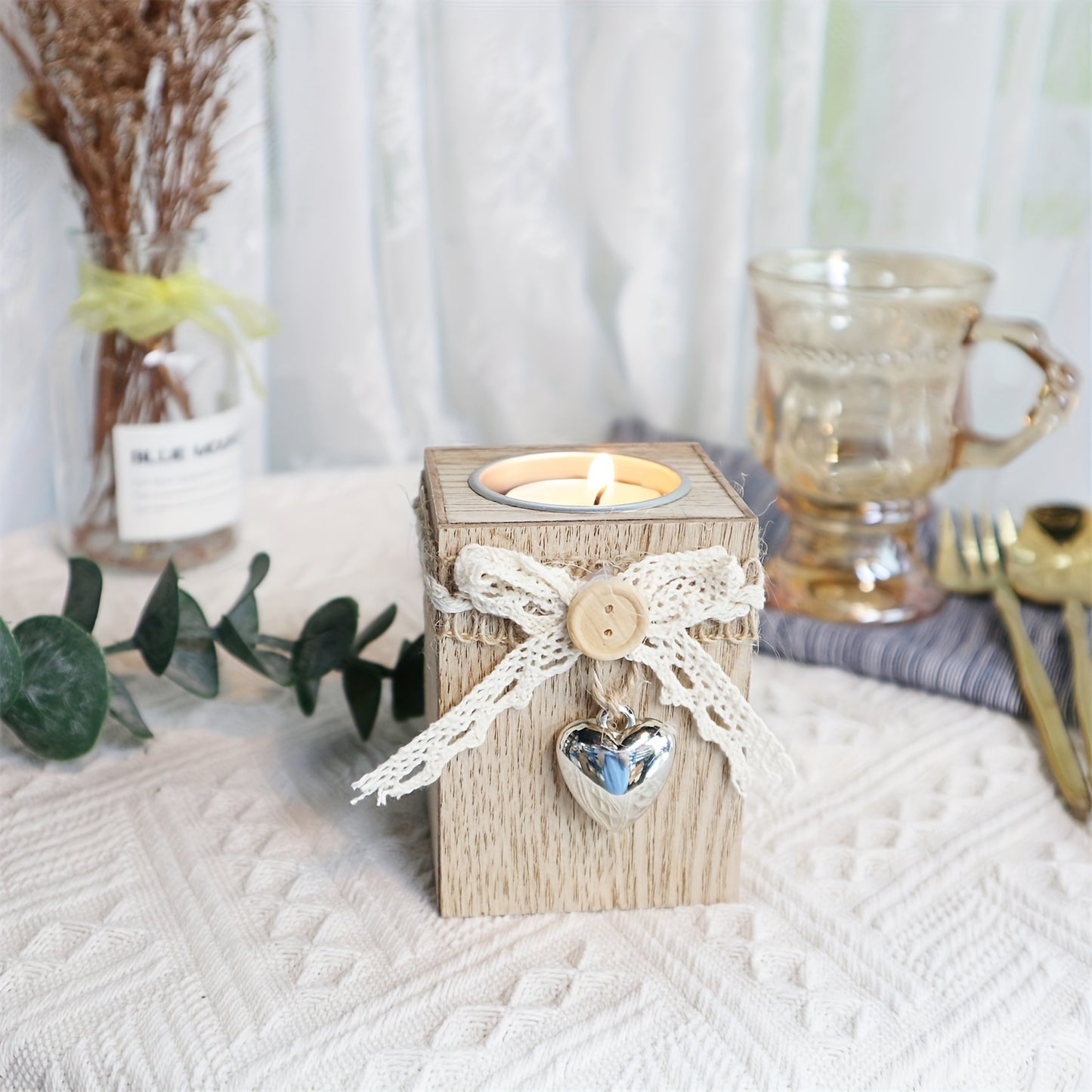 Wooden candle holder for table decoration, ideal for creating a romantic atmosphere for dates, dinners, or Halloween.