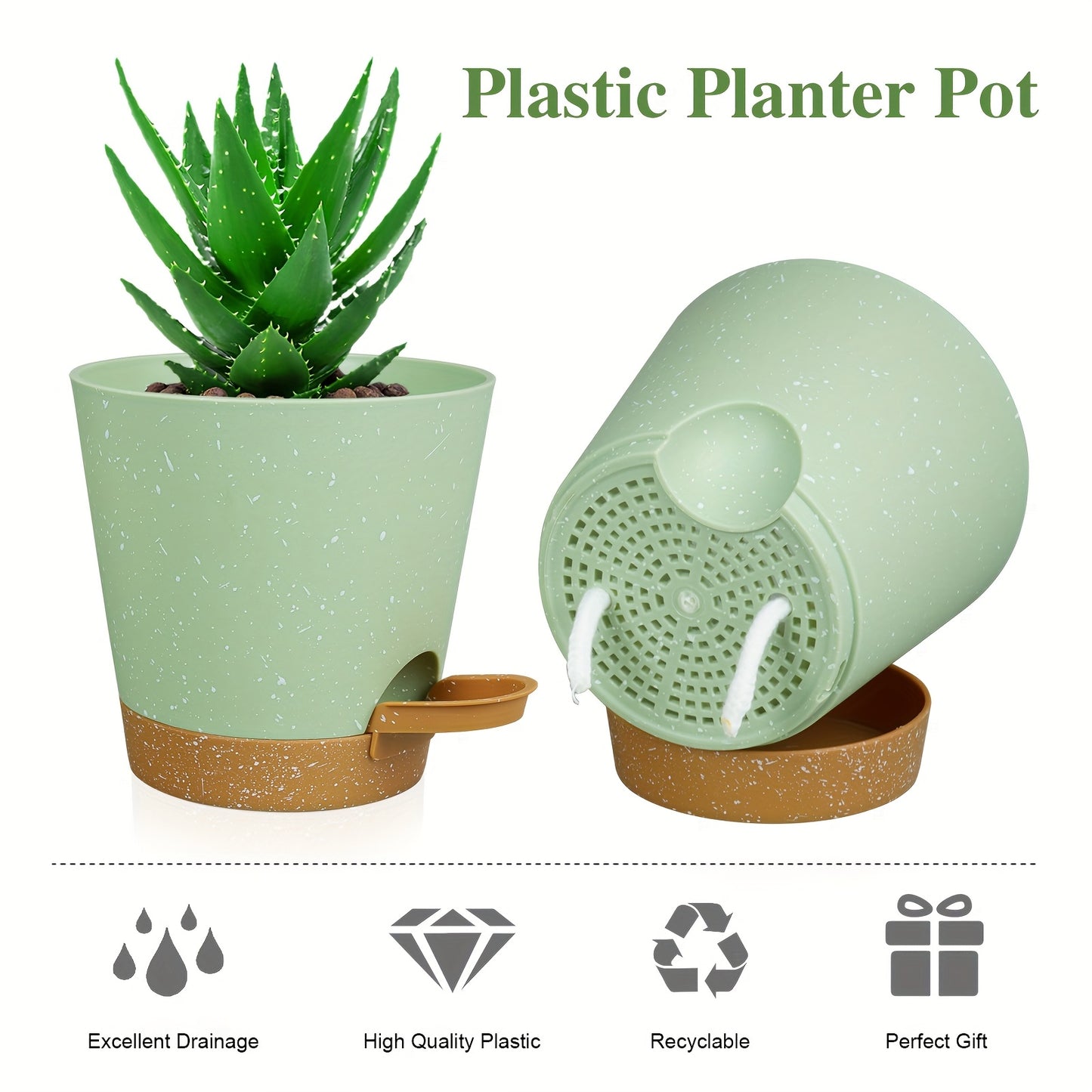 6-Pack of modern plastic planters with speckled design, self-watering and drainage holes, perfect for indoor/outdoor use with succulents, snake plants, violets, and flowers.